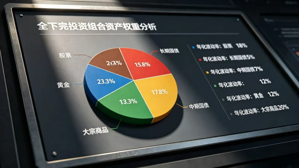 股票债券黄金大宗商品波动率对比图表，全天候投资组合风险权重分配数据分析财经示意图