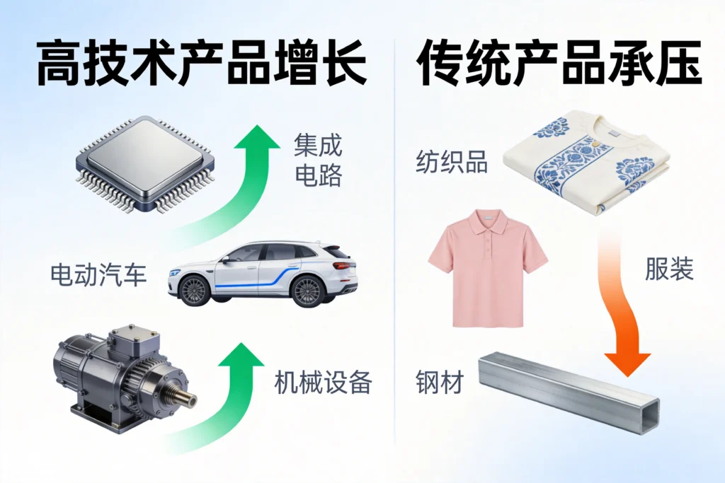 中国出口产品结构分化对比图，高技术产品增长与传统产品承压
