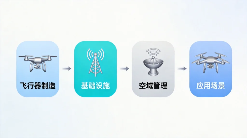 低空经济产业链四大环节流程图，飞行器制造到应用场景全链条