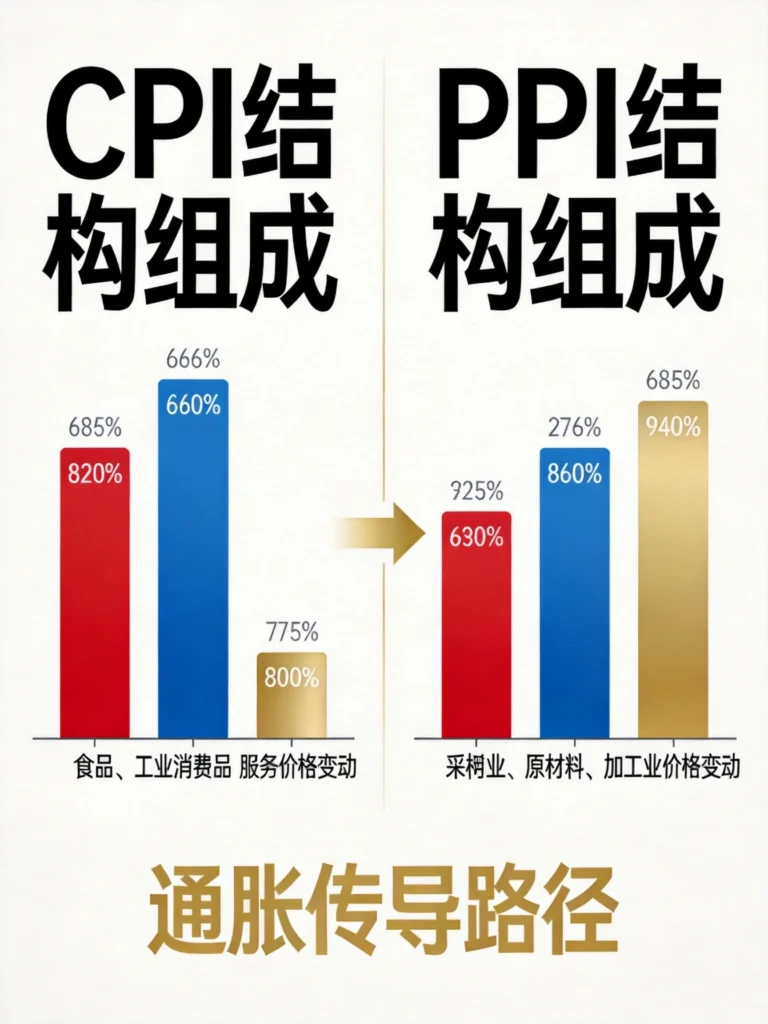 CPI与PPI结构组成对比图表，展示食品、工业品、采掘业等分项价格变动与通胀传导路径
