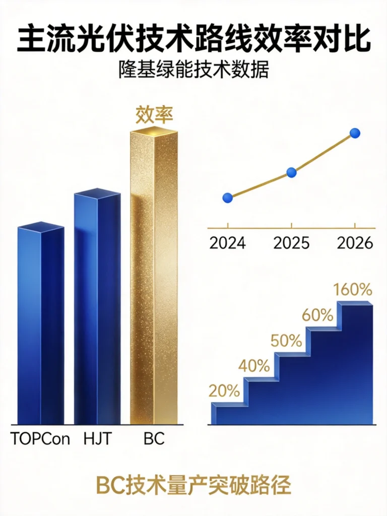 TOPCon、HJT、BC光伏技术效率对比，隆基绿能BC技术量产突破路径展示