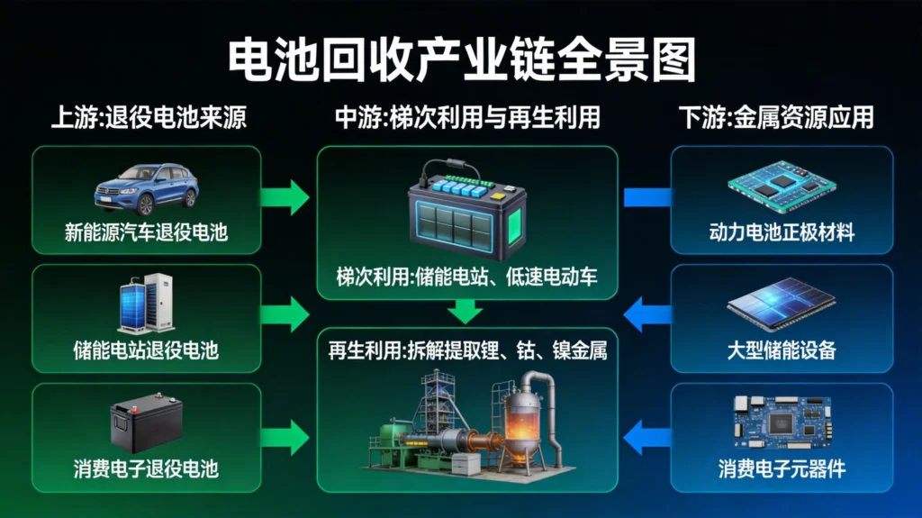 电池回收产业链全景图，涵盖梯次利用与再生利用双轨技术路线