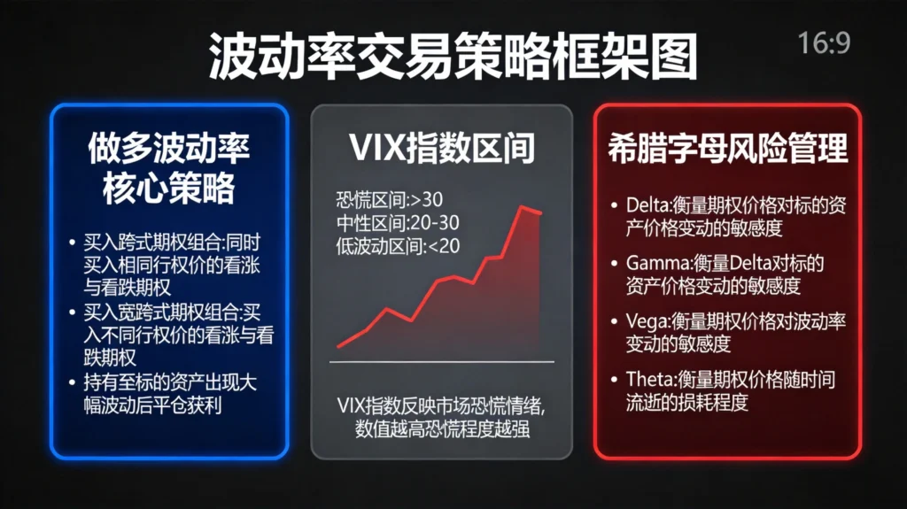 波动率交易策略框架全景图，涵盖做多做空策略与希腊字母风险管理
