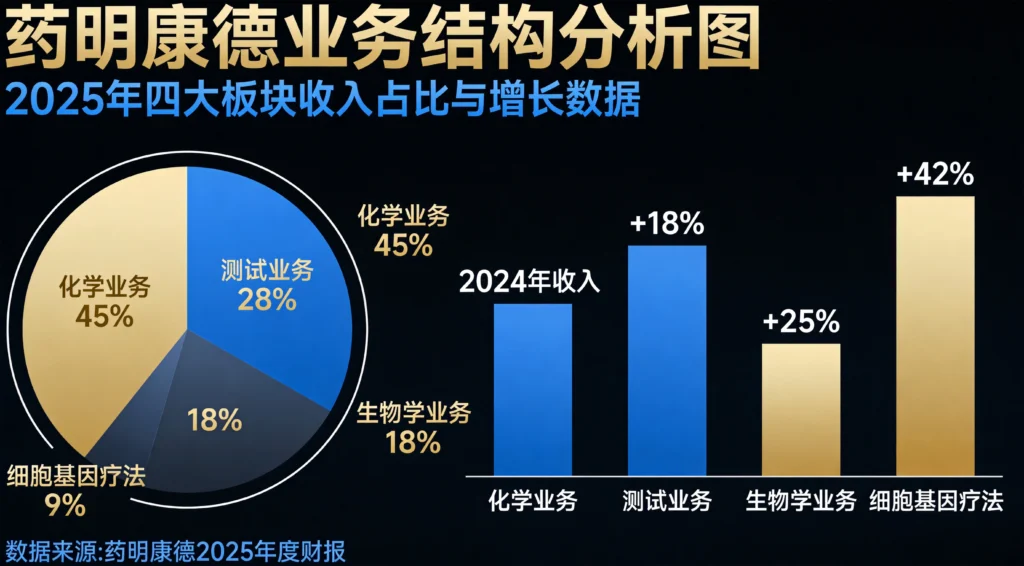 药明康德业务结构分析图，展示四大板块收入占比与CXO行业增长趋势