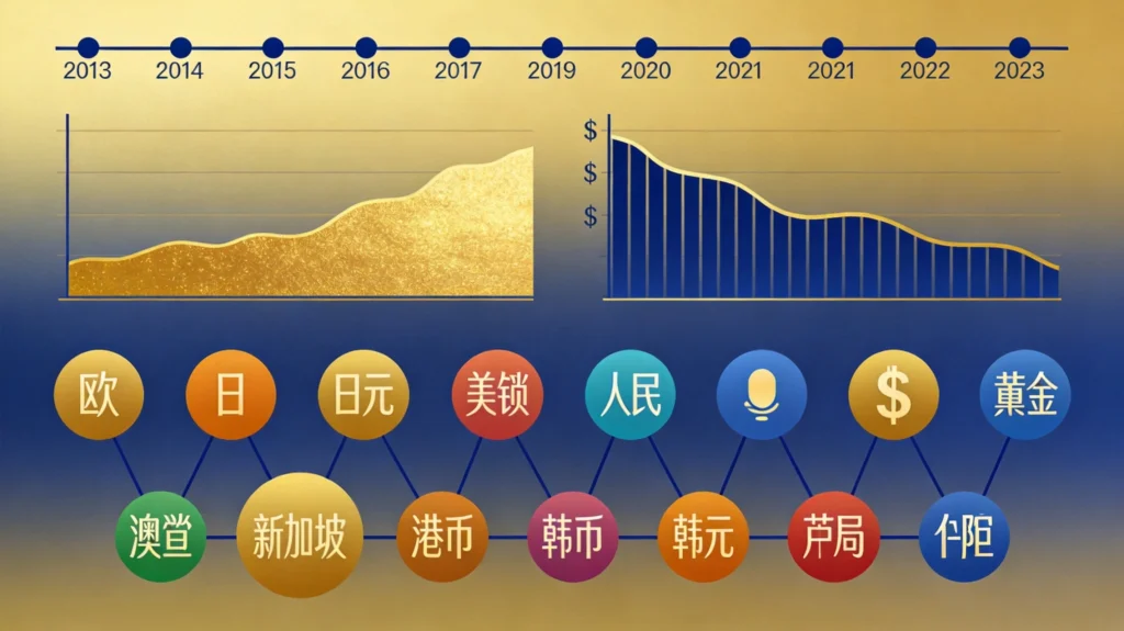 外汇储备资产配置结构演变图，美元占比下降与黄金储备增长趋势