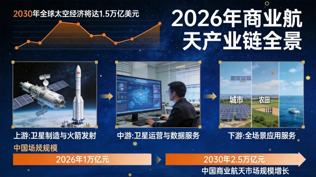 商业航天产业链全景图谱，全球太空经济2030年突破1.5万亿美元，中国市场规模迈向2.5万亿
