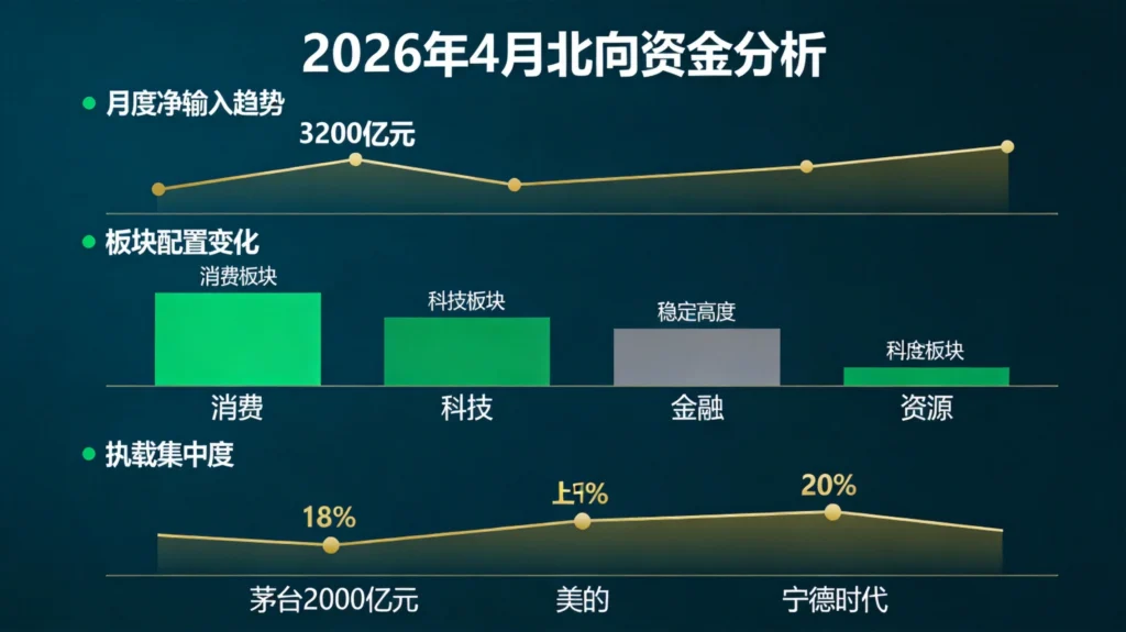 4月北向资金持仓结构变化数据图，消费板块获重点加仓科技成长受青睐，前十大重仓股集中度升至20%