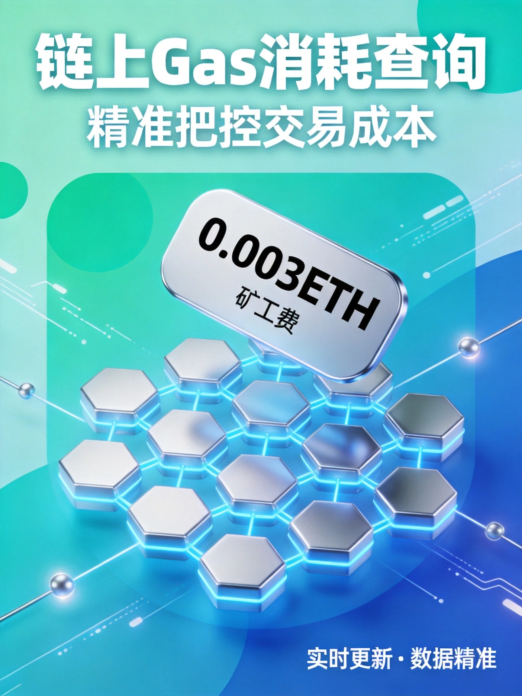 放置Gas消耗与区块链节点组合图案,搭配费用标识、矿工费等链上交易视觉元素,几何渐变背景突出链上Gas消耗查询和交易成本控制
