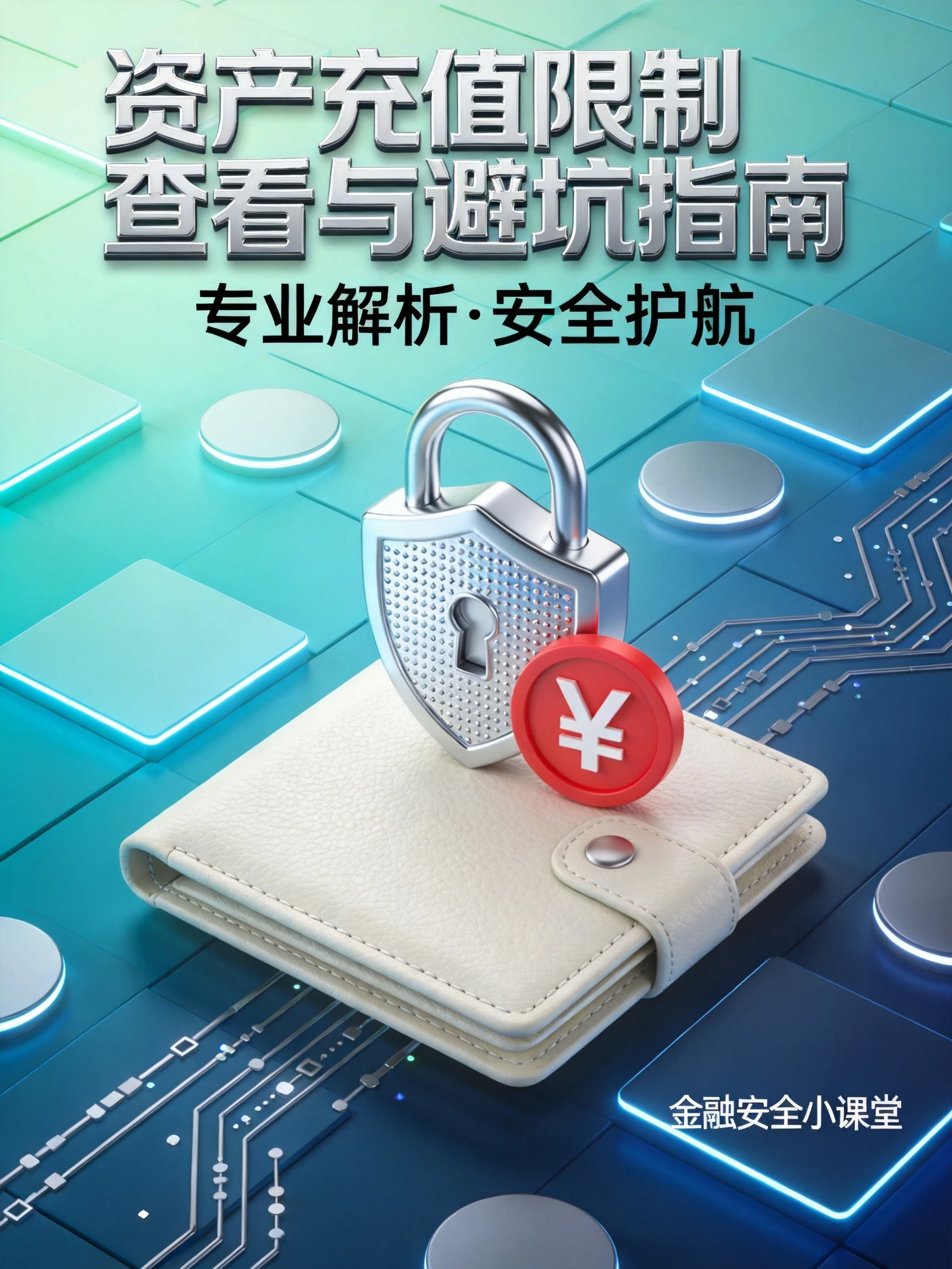 放置钱包与额度限制图标组合图案，搭配锁形、盾牌、限额标识等资产安全视觉元素，几何渐变背景突出资产充值限制查看和避坑指南