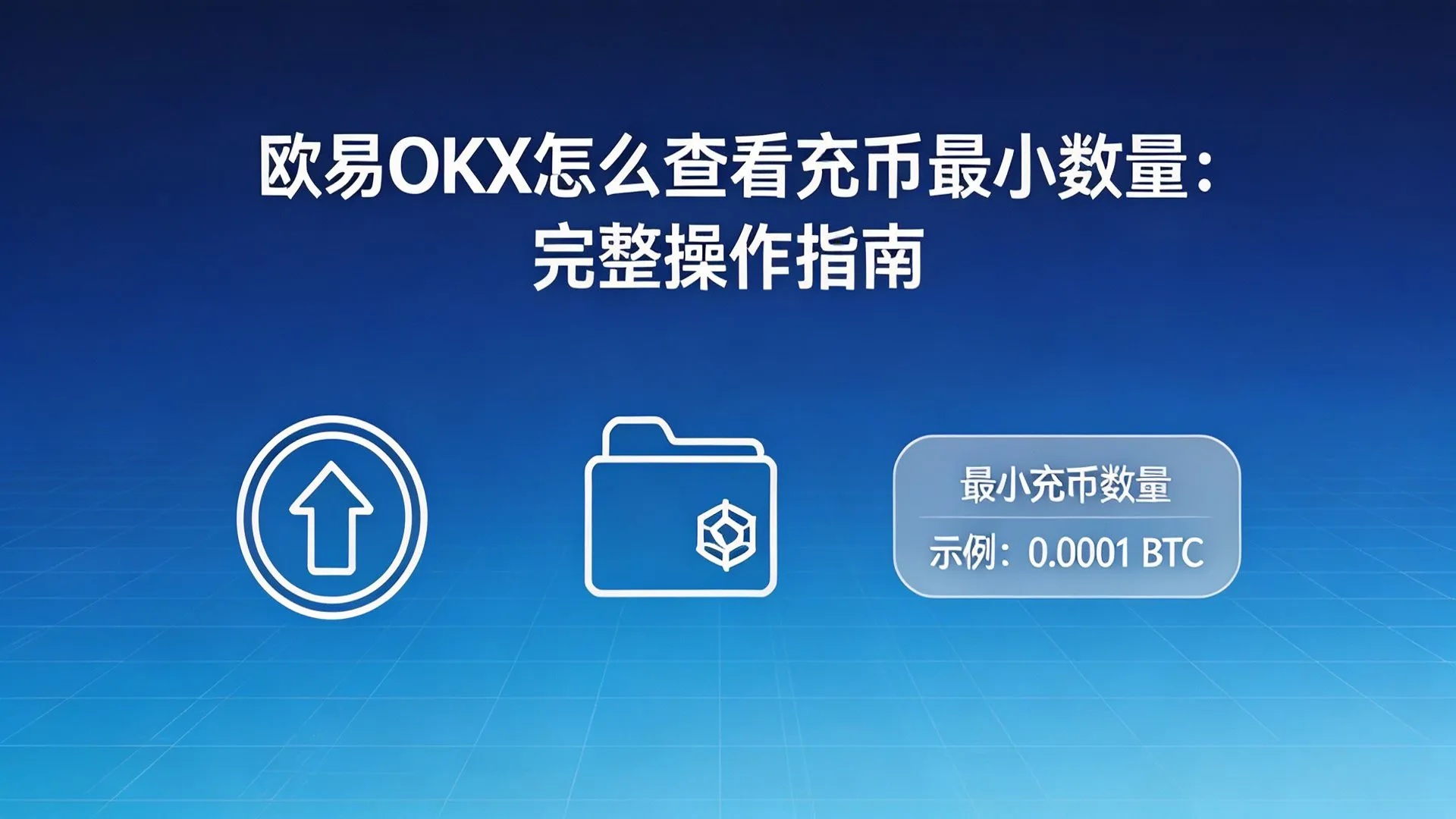 科技风加密货币主题,包含充值箭头、钱包、最小充币数量示例元素,标题为:欧易OKX怎么查看充币最小数量