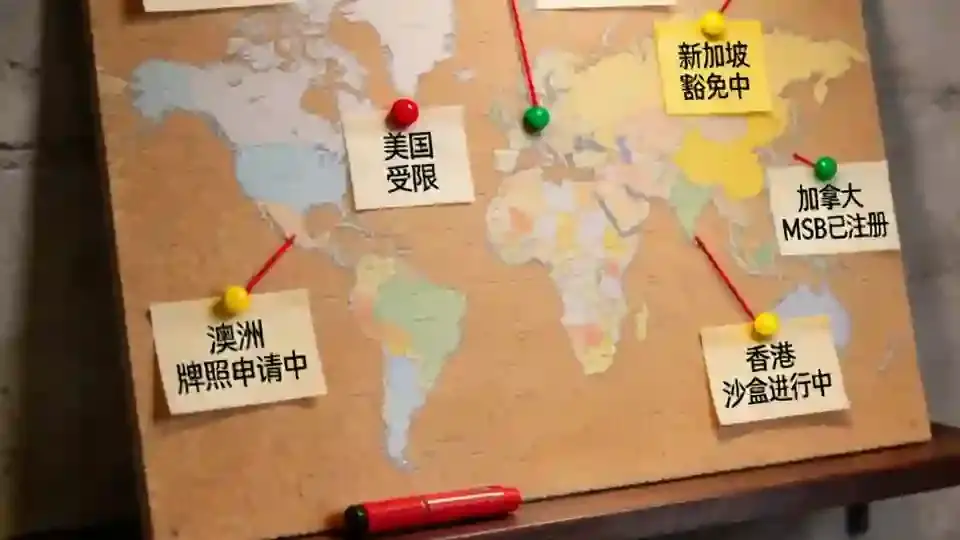  战略地图墙：八国监管状态钉板