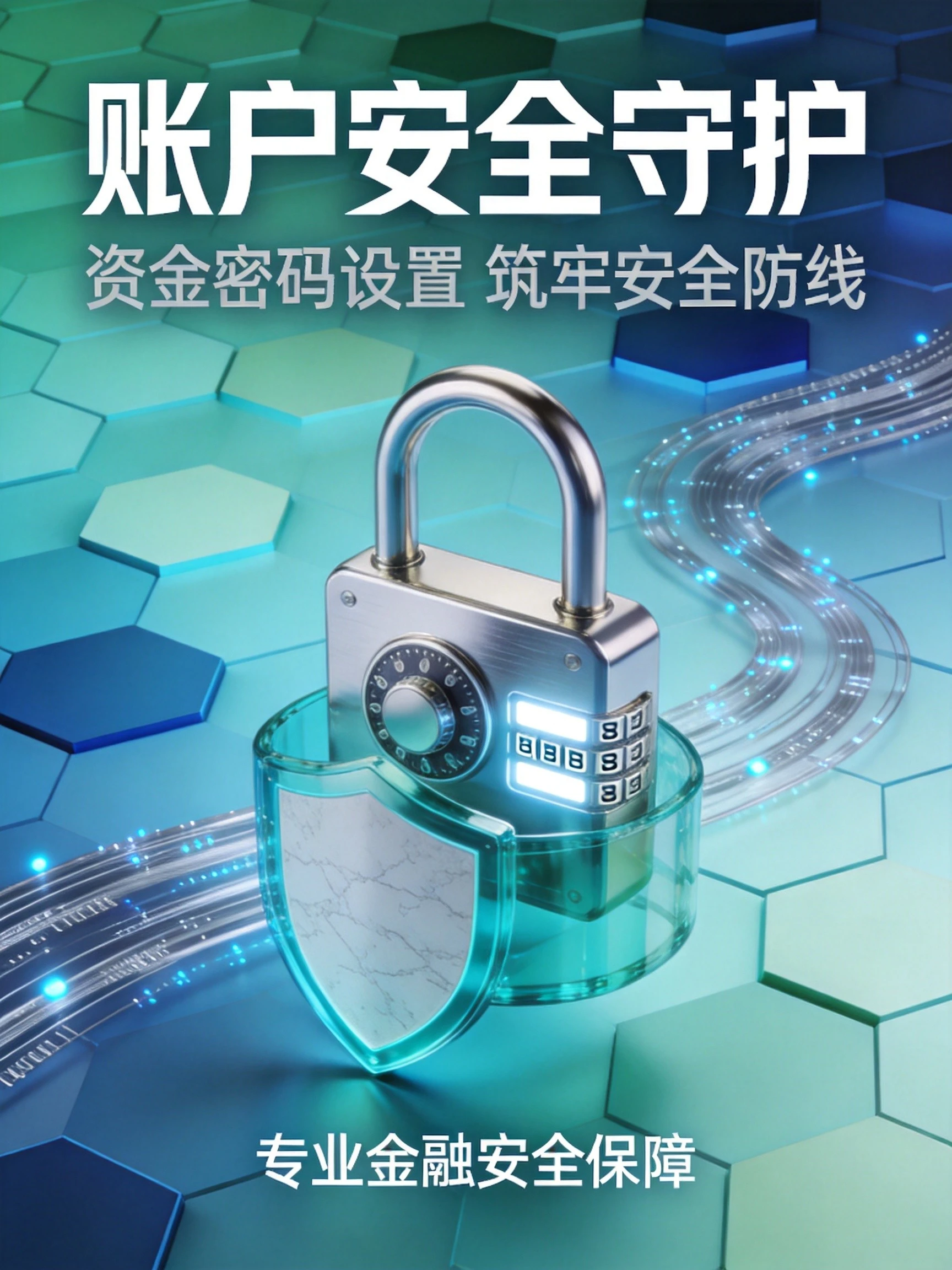 放置密码锁与安全盾牌组合图案,搭配锁形、密码输入框等账户安全视觉元素,几何渐变背景突出资金密码设置和账户安全