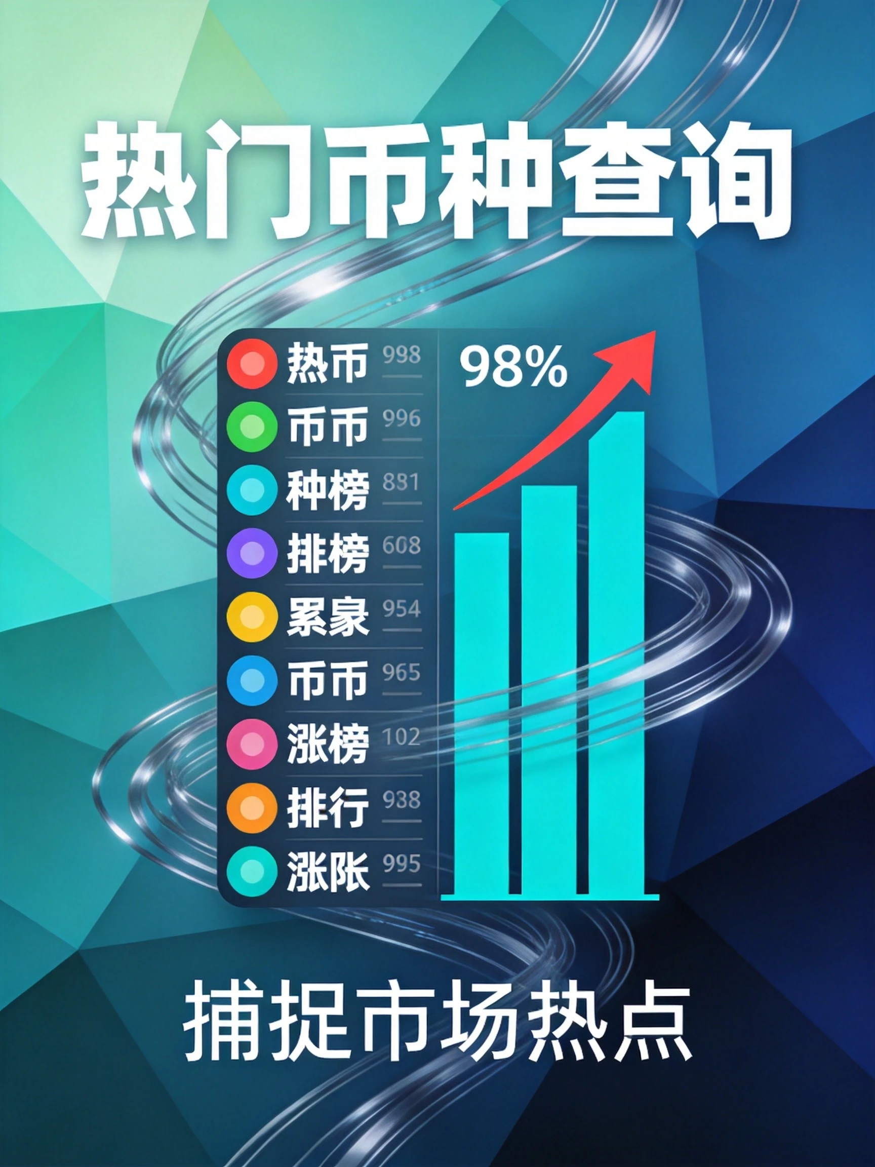心放置币种排行榜与涨幅图表组合图案,搭配上升箭头、数据柱状图、市场热度等视觉元素,几何渐变背景突出热门币种查询和市场热点