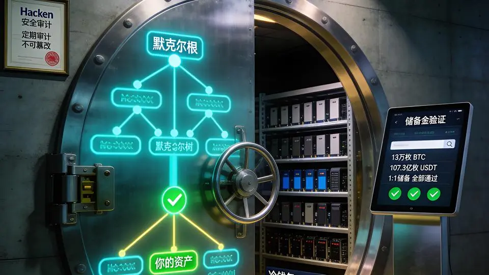 金库门上默克尔树验证路径与储备金确认