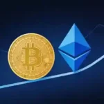新手如何投资比特币和以太坊 比特币与以太坊并立于上升箭头线,稳健投资指南