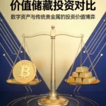 比特币BTC符号与金条对比，天平平衡图示，价值储藏投资主题
