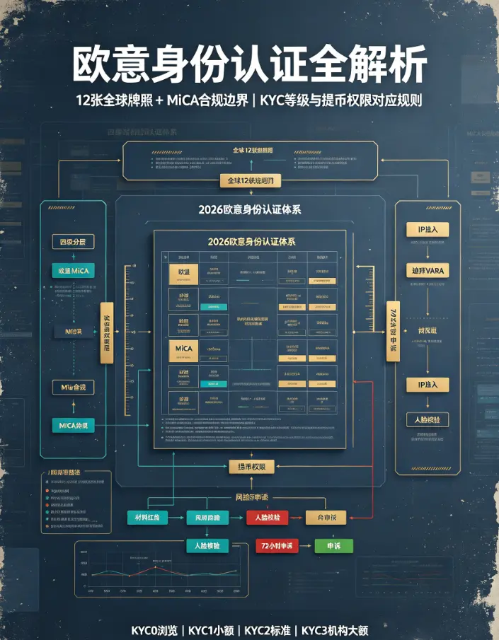 交易所平台身份认证全解析:12张全球牌照+MiCA合规边界,KYC等级与提币权限对应规则一文理清